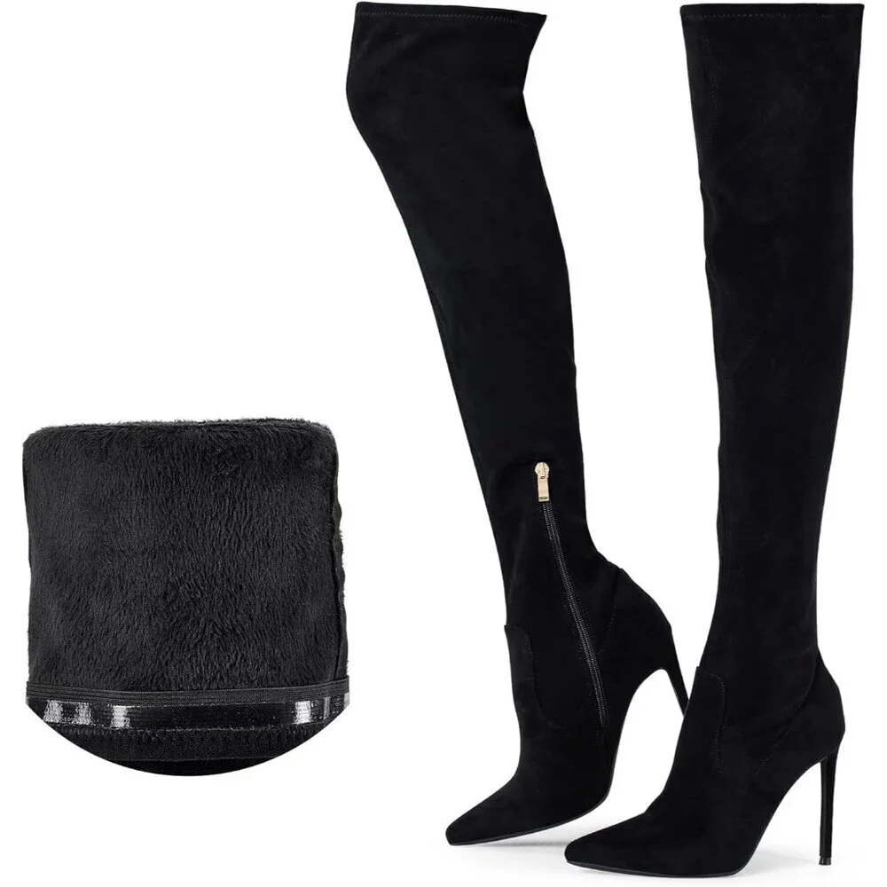 Women Black Suede Wools Lining Pointed Toe 4.3 inch Stilettos Thigh High Boots